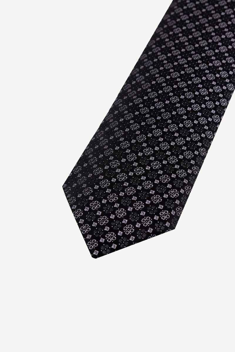Erkek Siyah Gri Çiçek Desenli Kravat Mendil Set - 2