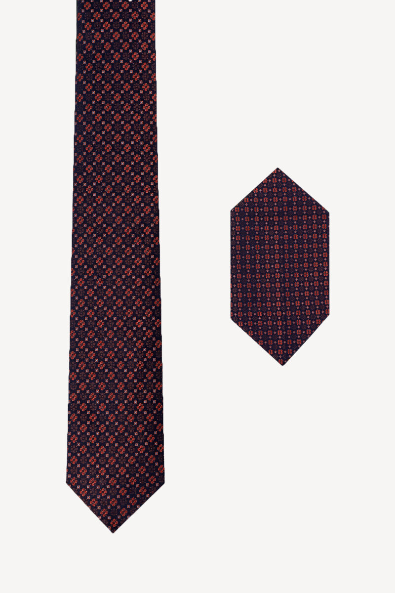 Erkek Lacivert Bakır Çiçek Desenli Kravat Mendil Set - 1