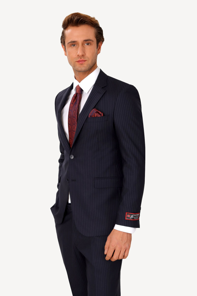 Erkek Lacivert Çift Yırtmaç Regular Fit Çizgili Takım Elbise - 3