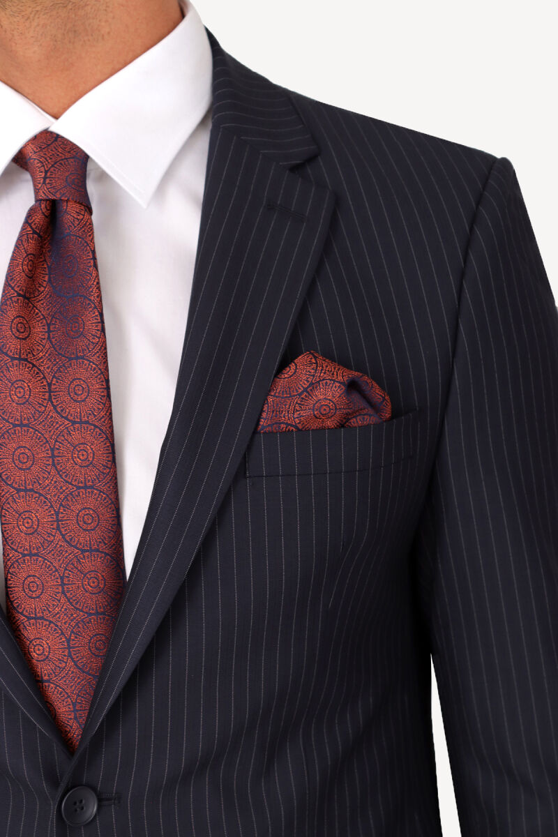 Erkek Lacivert Çift Yırtmaç Regular Fit Çizgili Takım Elbise - 4