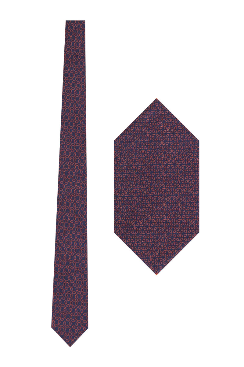 Erkek Lacivert Taba Desenli Kravat & Mendil Set - 1