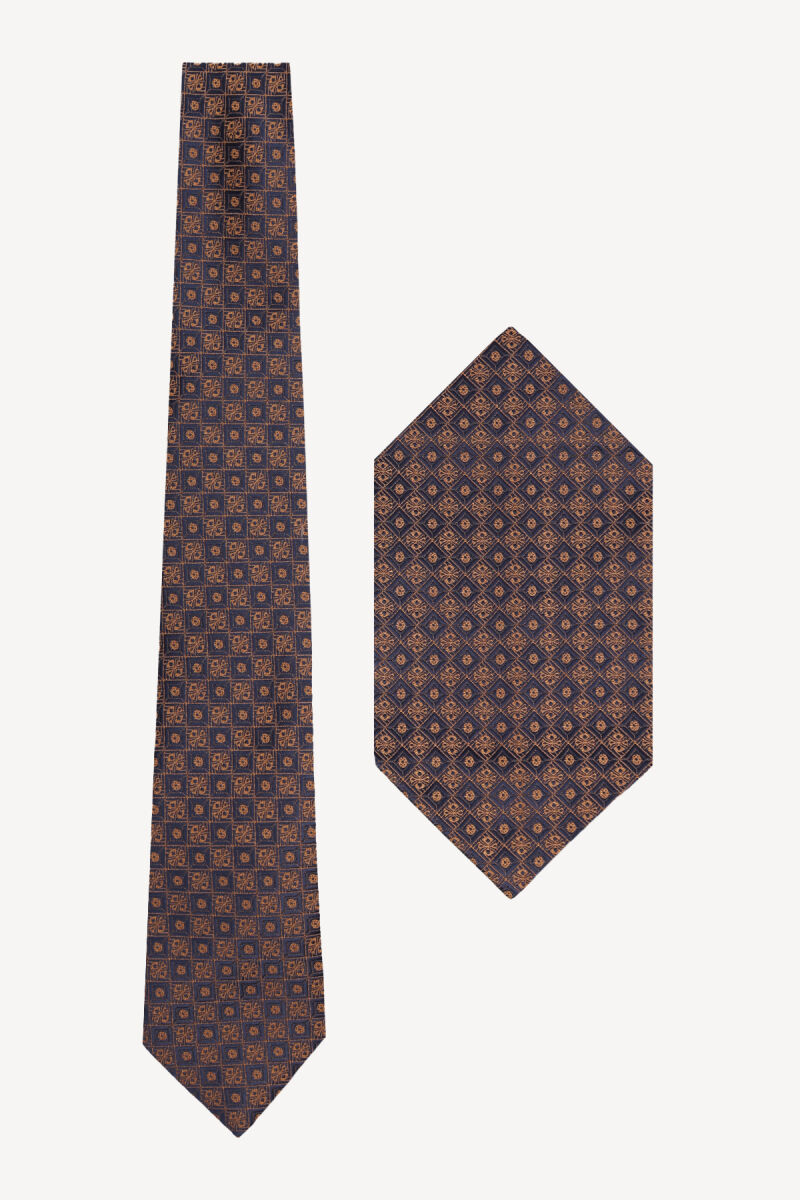 Erkek Lacivert Kahve Desenli Kravat Mendil Set - 1