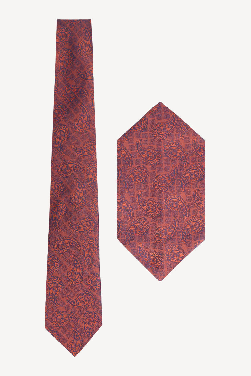 Erkek Bakır Desenli Kravat Mendil Set - 1