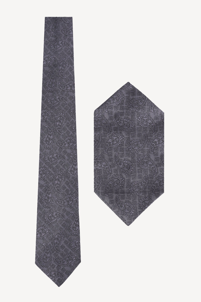 Erkek Füme Desenli Kravat Mendil Set - 1