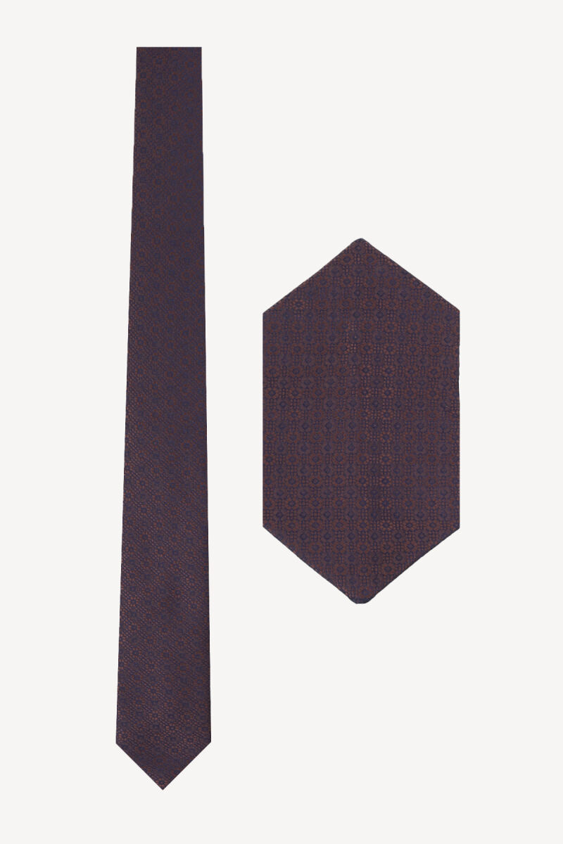 Erkek Lacivert Kahve Desenli Slim Kravat Mendil Set - 1