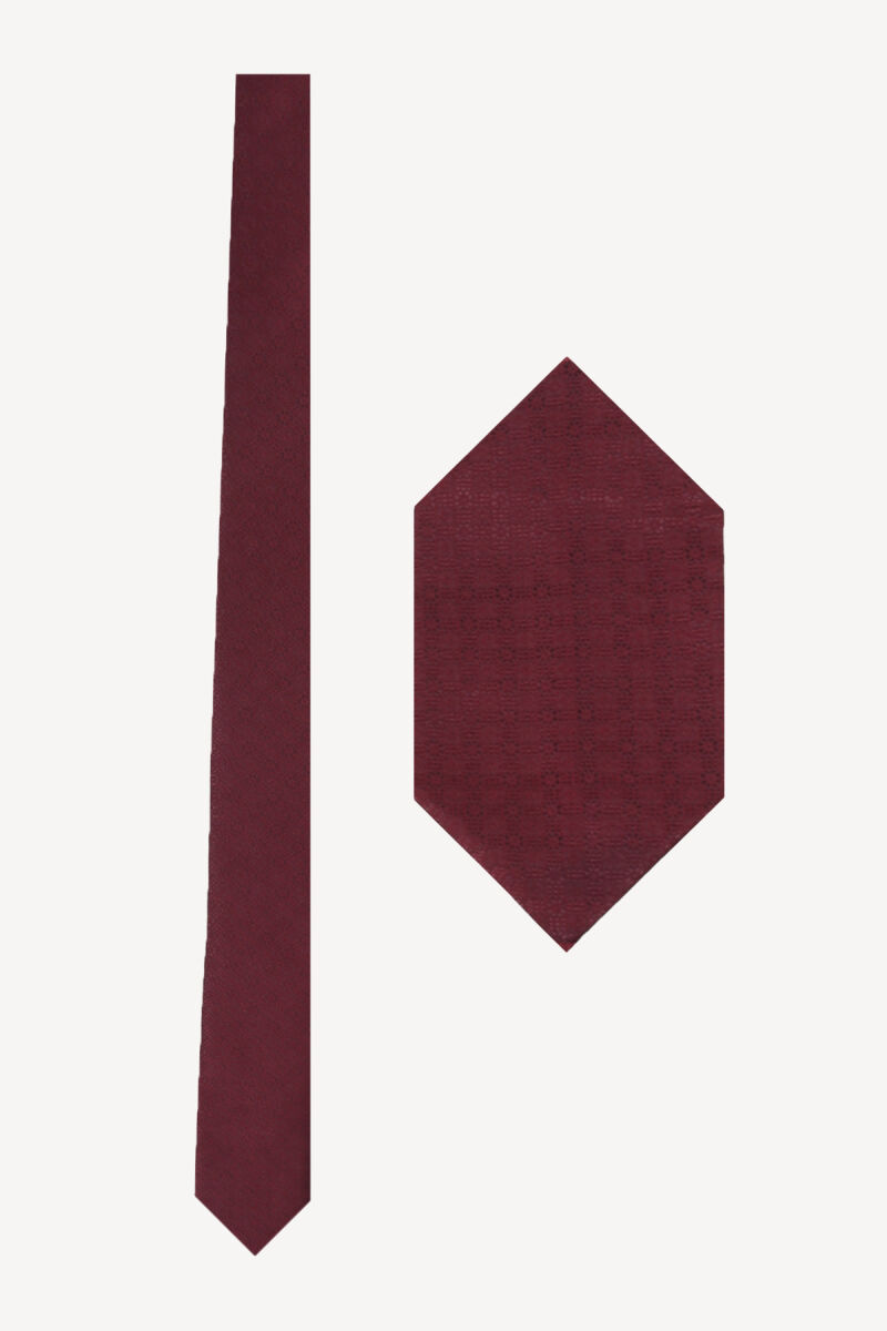 Erkek Bordo Desenli Slim Kravat Mendil Set - 1
