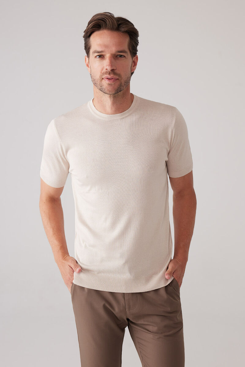Erkek Açık Bej Slim Fit Bisiklet Yaka Yazlık Triko Tişört - 1