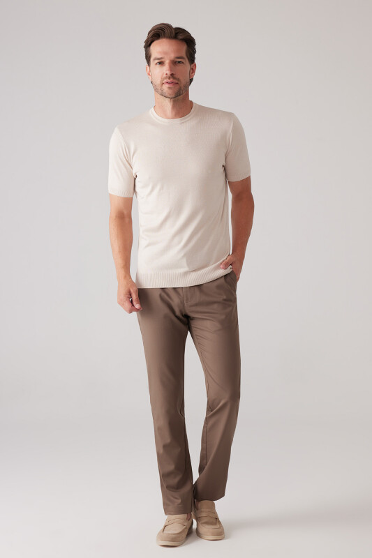 Erkek Açık Bej Slim Fit Bisiklet Yaka Yazlık Triko Tişört