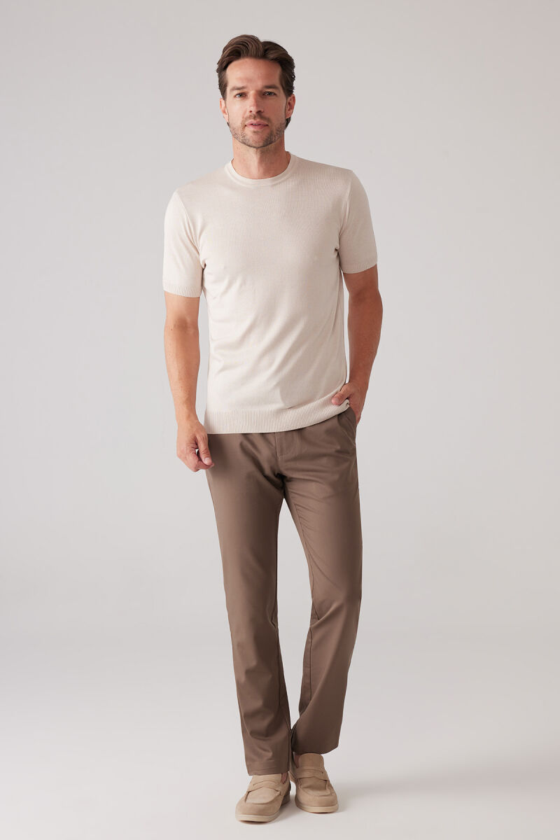 Erkek Açık Bej Slim Fit Bisiklet Yaka Yazlık Triko Tişört - 3