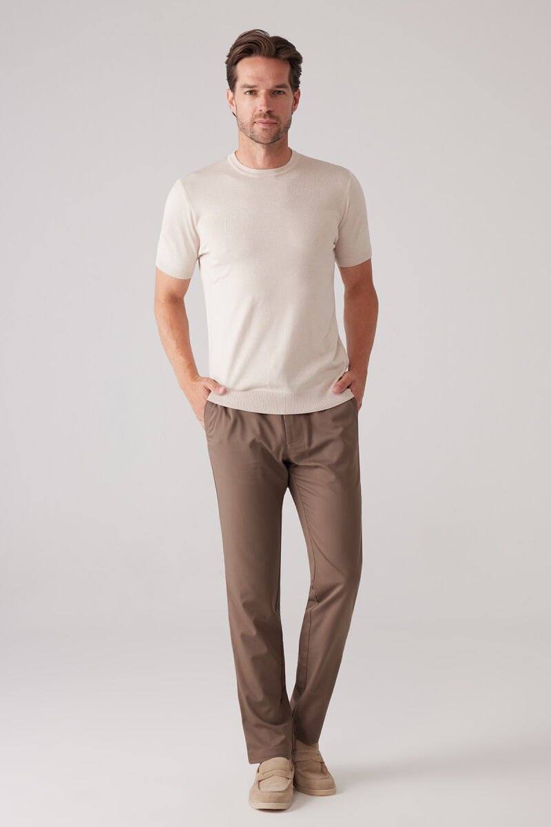 Erkek Açık Bej Slim Fit Bisiklet Yaka Yazlık Triko Tişört - 4