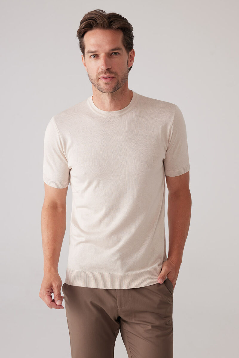 Erkek Açık Bej Slim Fit Bisiklet Yaka Yazlık Triko Tişört - 5