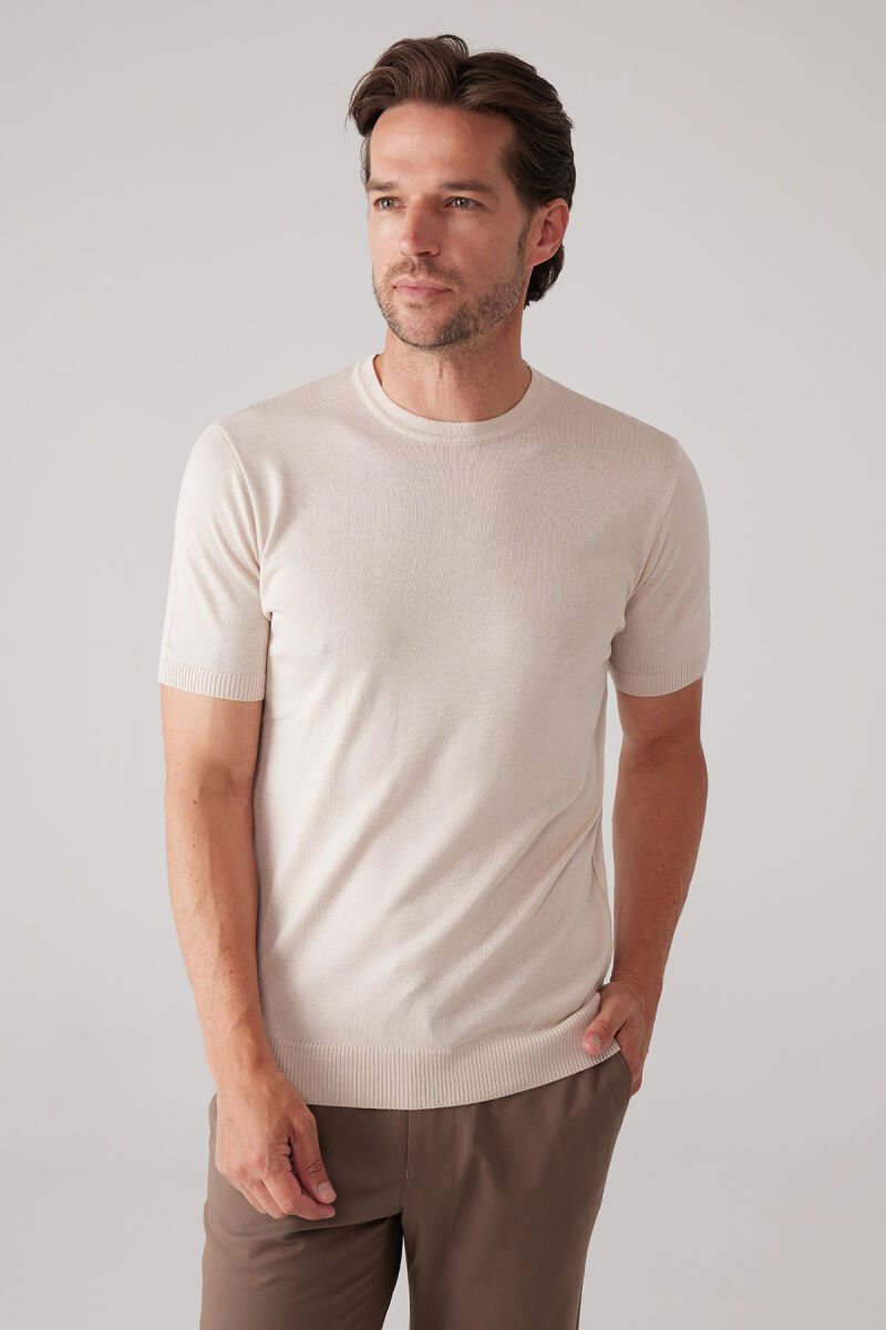 Erkek Açık Bej Slim Fit Bisiklet Yaka Yazlık Triko Tişört - 6
