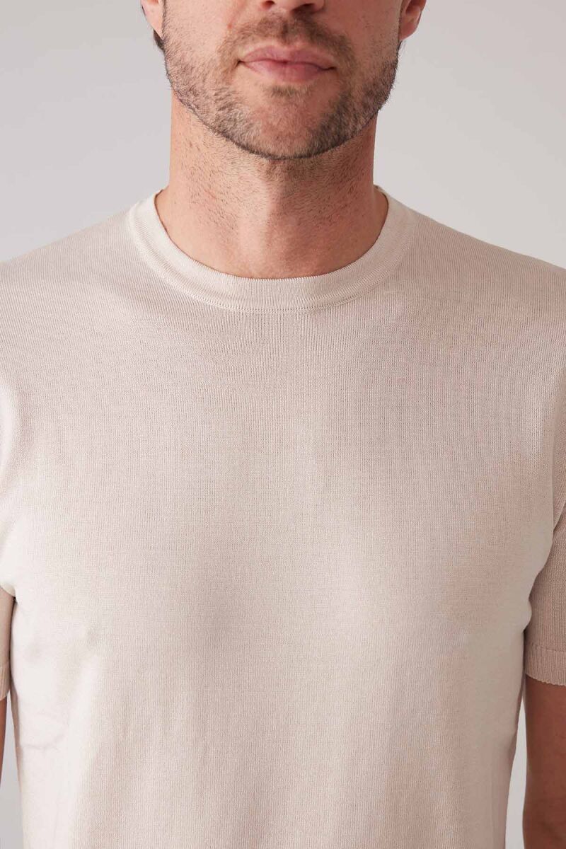 Erkek Açık Bej Slim Fit Bisiklet Yaka Yazlık Triko Tişört - 7