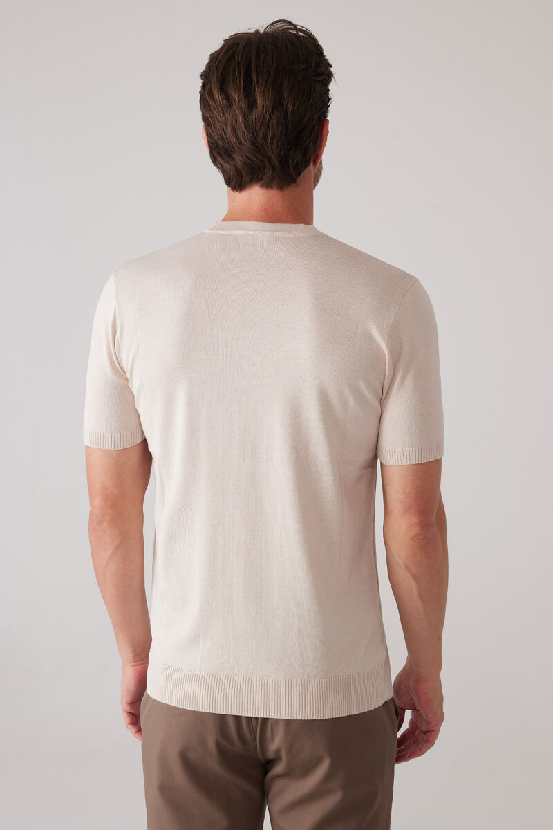 Erkek Açık Bej Slim Fit Bisiklet Yaka Yazlık Triko Tişört - 8