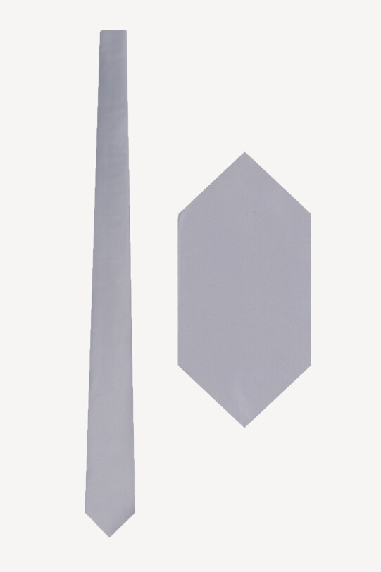 Erkek Açık Gri Düz Slim Kravat Mendil Set - YSF