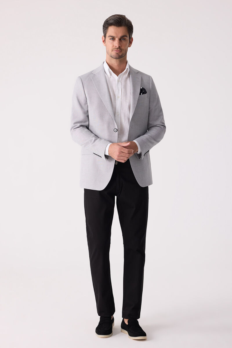 Erkek Açık Gri Regular Fit Keten Karışımlı Mono Yaka Ceket - 2