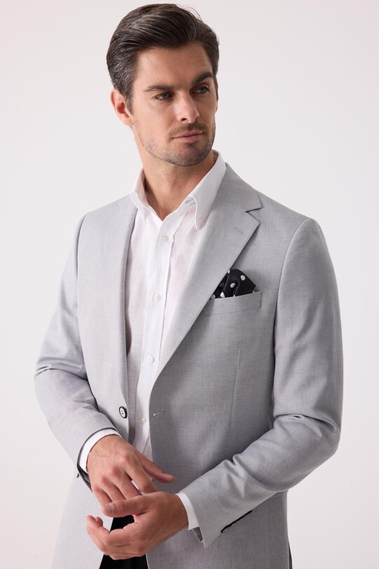 Erkek Açık Gri Regular Fit Keten Karışımlı Mono Yaka Ceket