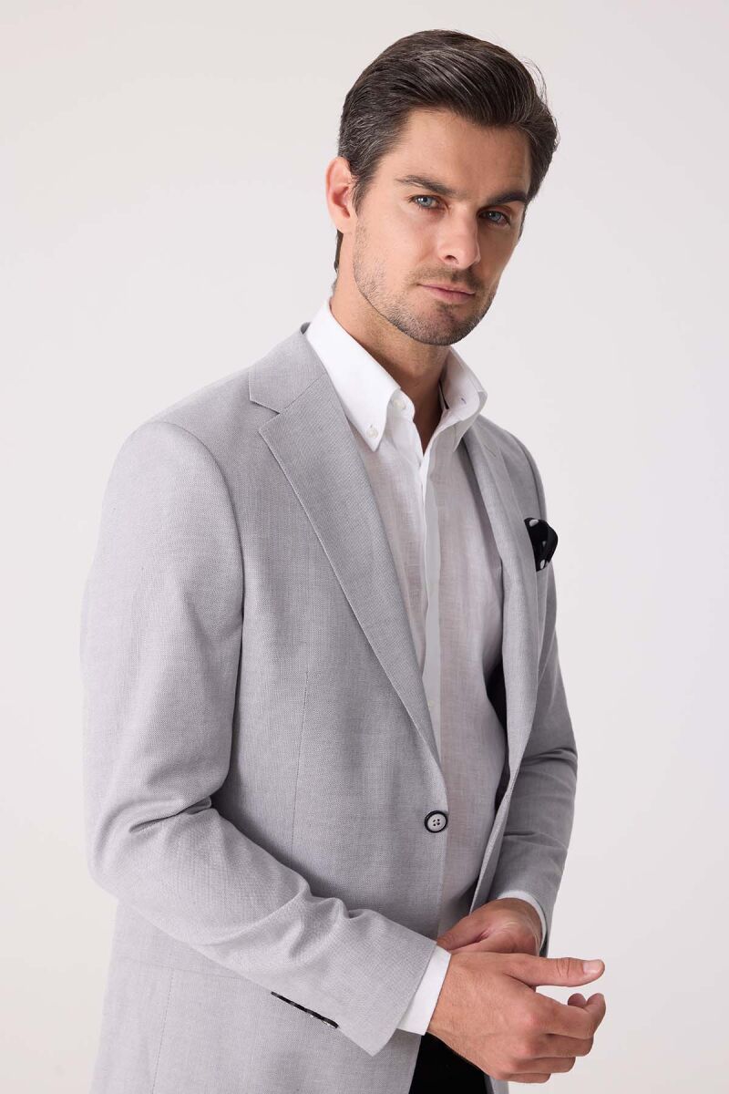 Erkek Açık Gri Regular Fit Keten Karışımlı Mono Yaka Ceket - 4