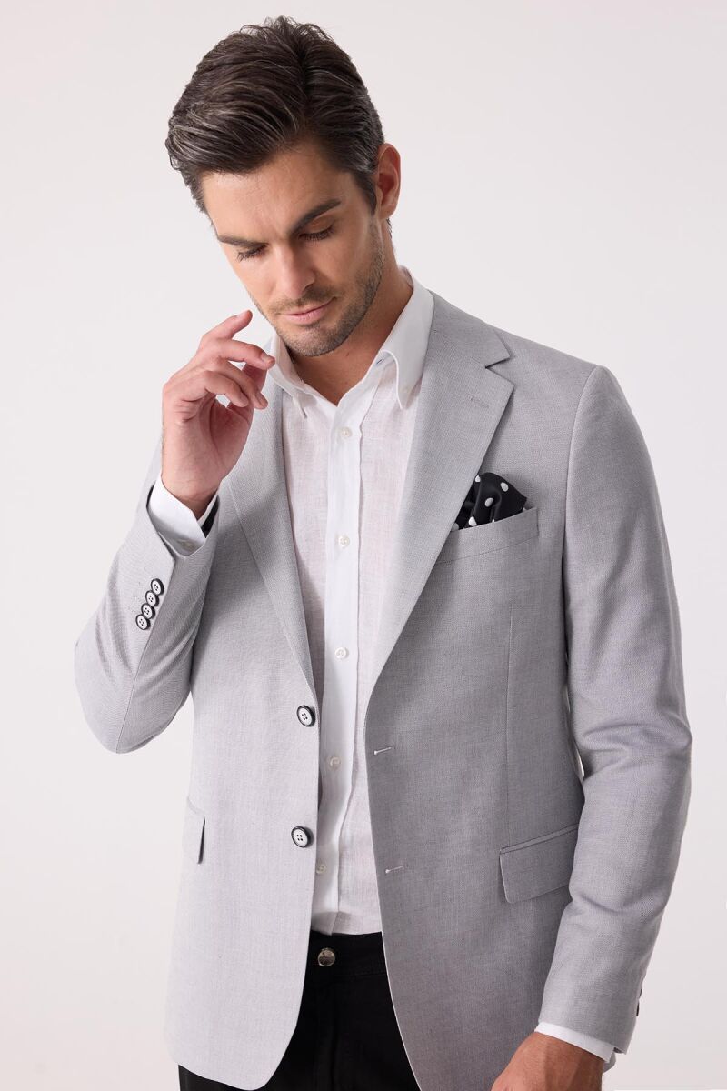 Erkek Açık Gri Regular Fit Keten Karışımlı Mono Yaka Ceket - 5