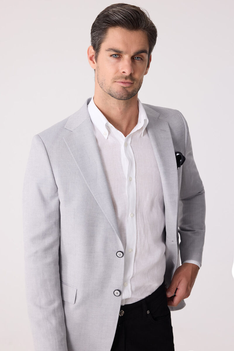 Erkek Açık Gri Regular Fit Keten Karışımlı Mono Yaka Ceket - 6
