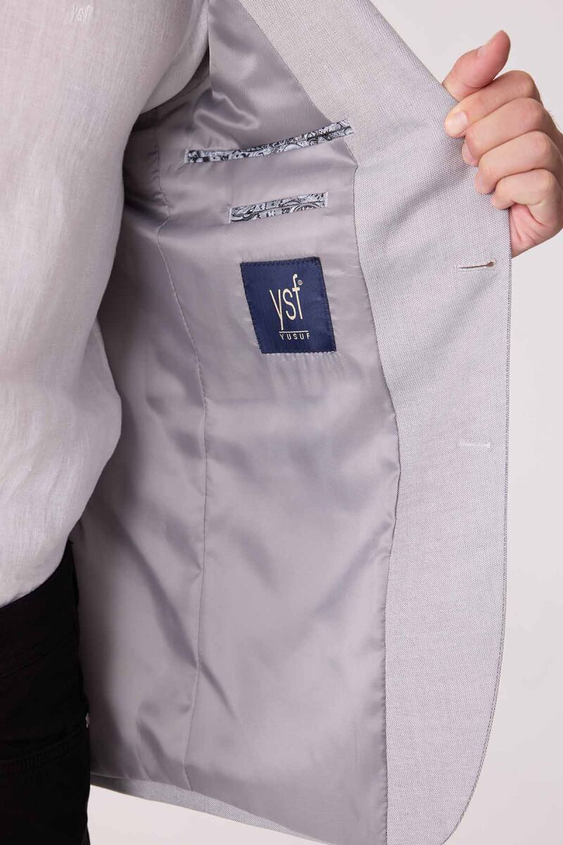 Erkek Açık Gri Regular Fit Keten Karışımlı Mono Yaka Ceket - 8