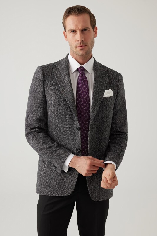 Erkek Açık Gri Regular Fit Mono Yaka Balık Sırtı Yün Ceket