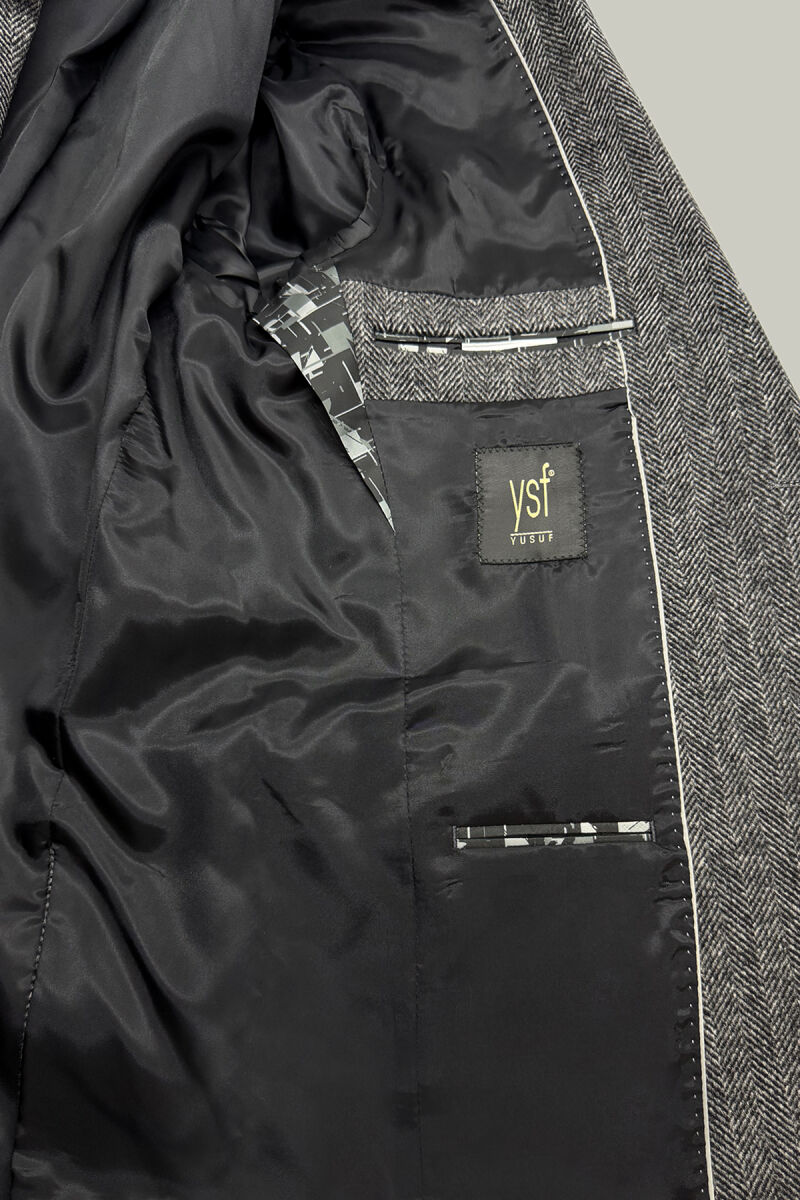 Erkek Açık Gri Regular Fit Mono Yaka Balık Sırtı Yün Ceket - 10