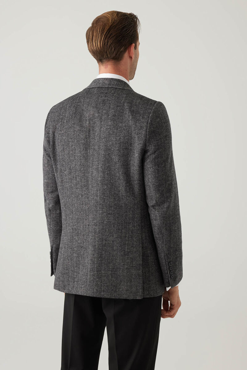 Erkek Açık Gri Regular Fit Mono Yaka Balık Sırtı Yün Ceket - 11