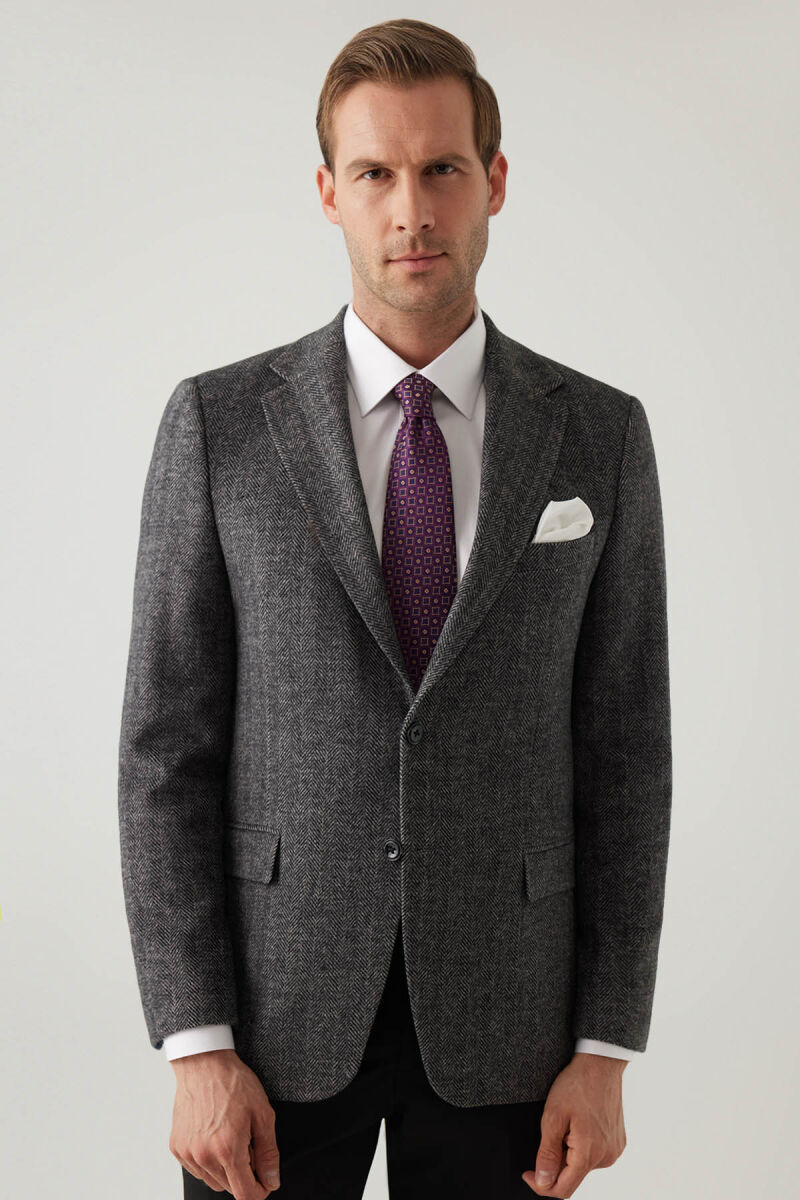 Erkek Açık Gri Regular Fit Mono Yaka Balık Sırtı Yün Ceket - 2