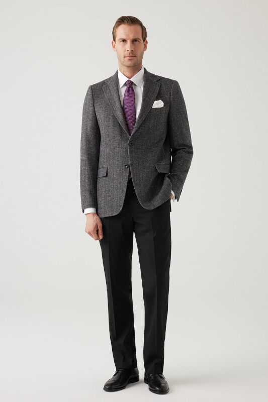 Erkek Açık Gri Regular Fit Mono Yaka Balık Sırtı Yün Ceket