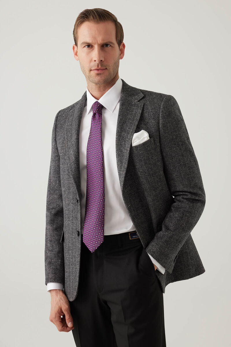 Erkek Açık Gri Regular Fit Mono Yaka Balık Sırtı Yün Ceket - 4