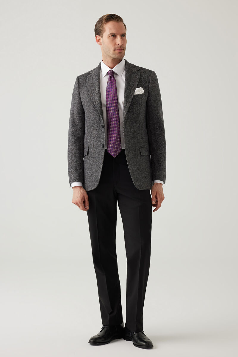 Erkek Açık Gri Regular Fit Mono Yaka Balık Sırtı Yün Ceket - 5