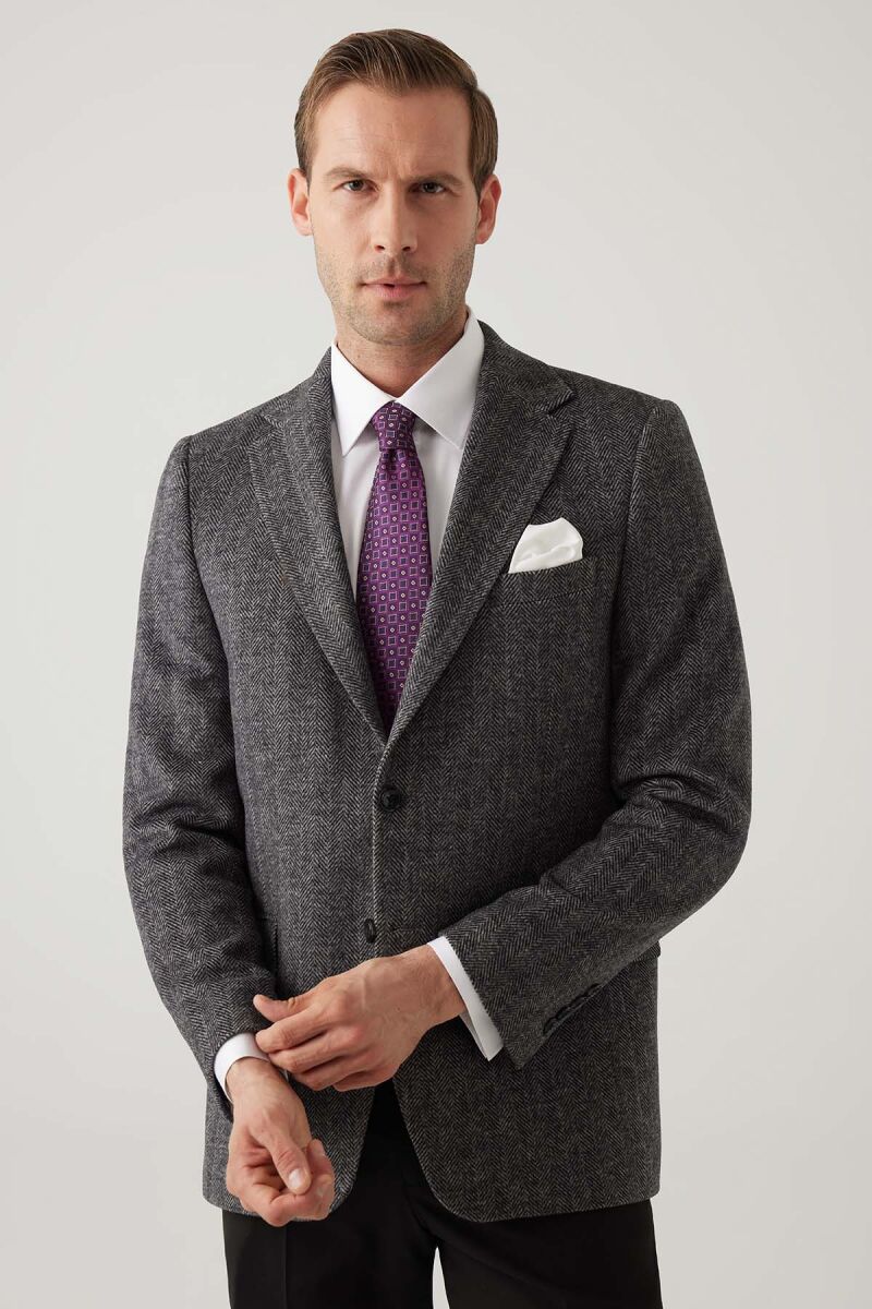 Erkek Açık Gri Regular Fit Mono Yaka Balık Sırtı Yün Ceket - 6