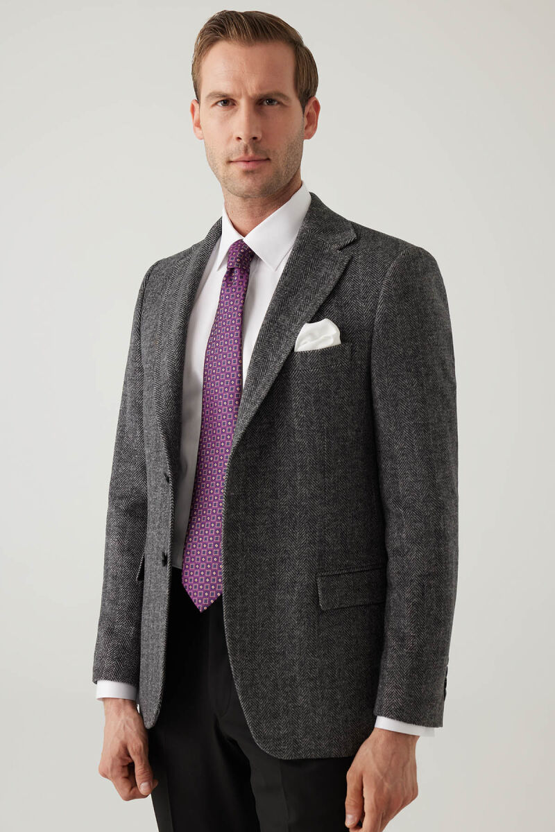 Erkek Açık Gri Regular Fit Mono Yaka Balık Sırtı Yün Ceket - 7