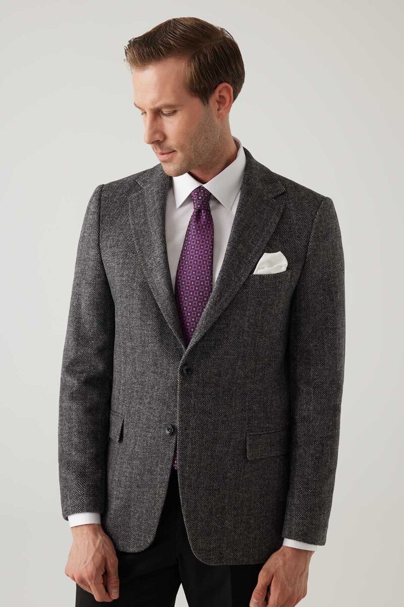 Erkek Açık Gri Regular Fit Mono Yaka Balık Sırtı Yün Ceket - 8