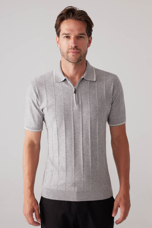 Erkek Açık Gri Slim Fit Kaşmir Karışımlı Fermuarlı Polo Yaka Tişört