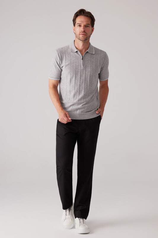 Erkek Açık Gri Slim Fit Kaşmir Karışımlı Fermuarlı Polo Yaka Tişört