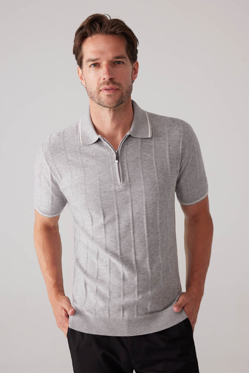 Erkek Açık Gri Slim Fit Kaşmir Karışımlı Fermuarlı Polo Yaka Tişört - 3