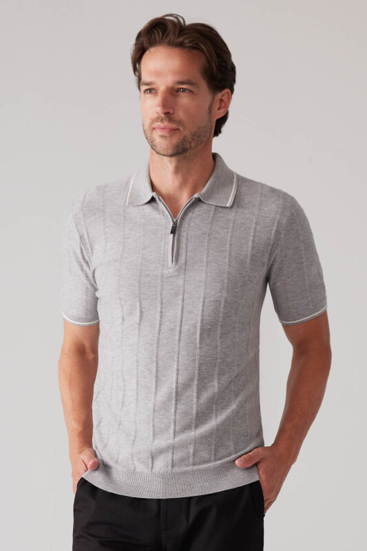 Erkek Açık Gri Slim Fit Kaşmir Karışımlı Fermuarlı Polo Yaka Tişört