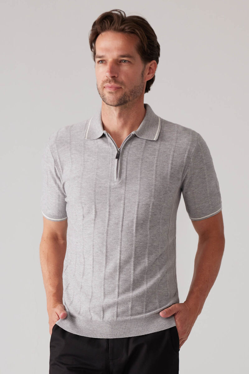 Erkek Açık Gri Slim Fit Kaşmir Karışımlı Fermuarlı Polo Yaka Tişört - 4