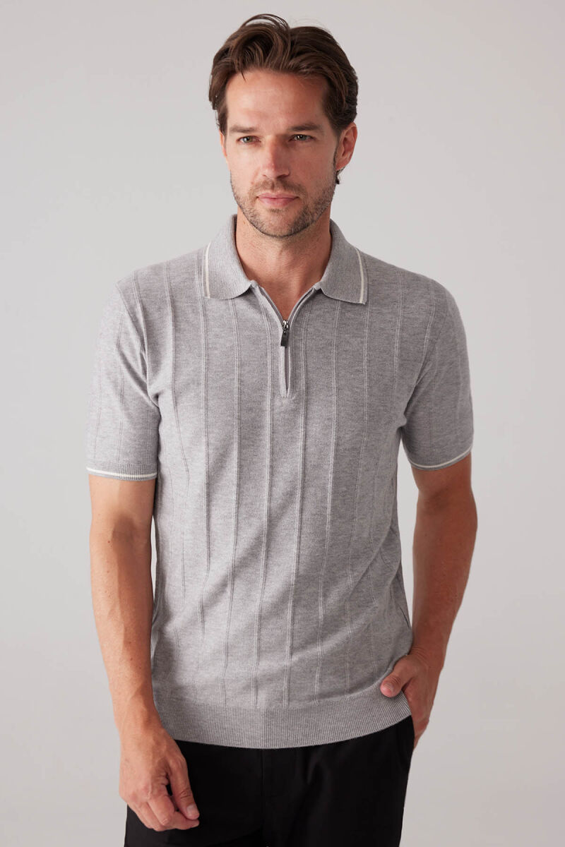 Erkek Açık Gri Slim Fit Kaşmir Karışımlı Fermuarlı Polo Yaka Tişört - 5