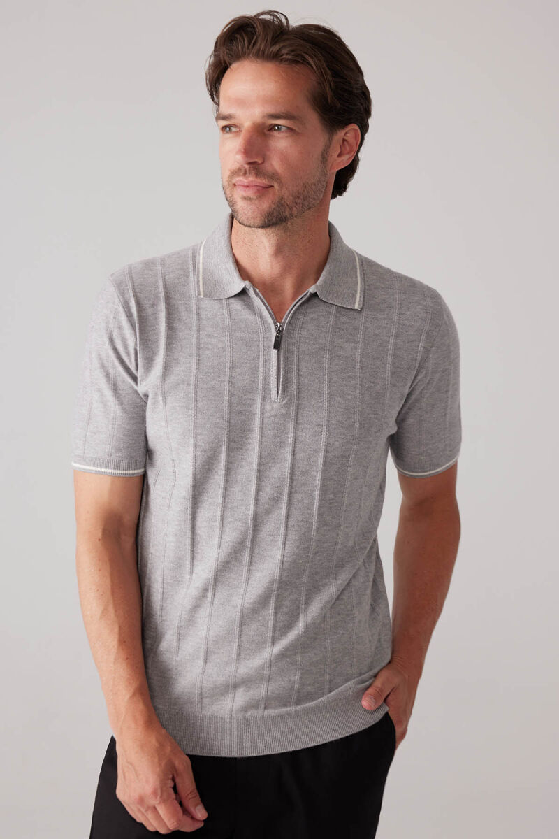 Erkek Açık Gri Slim Fit Kaşmir Karışımlı Fermuarlı Polo Yaka Tişört - 6
