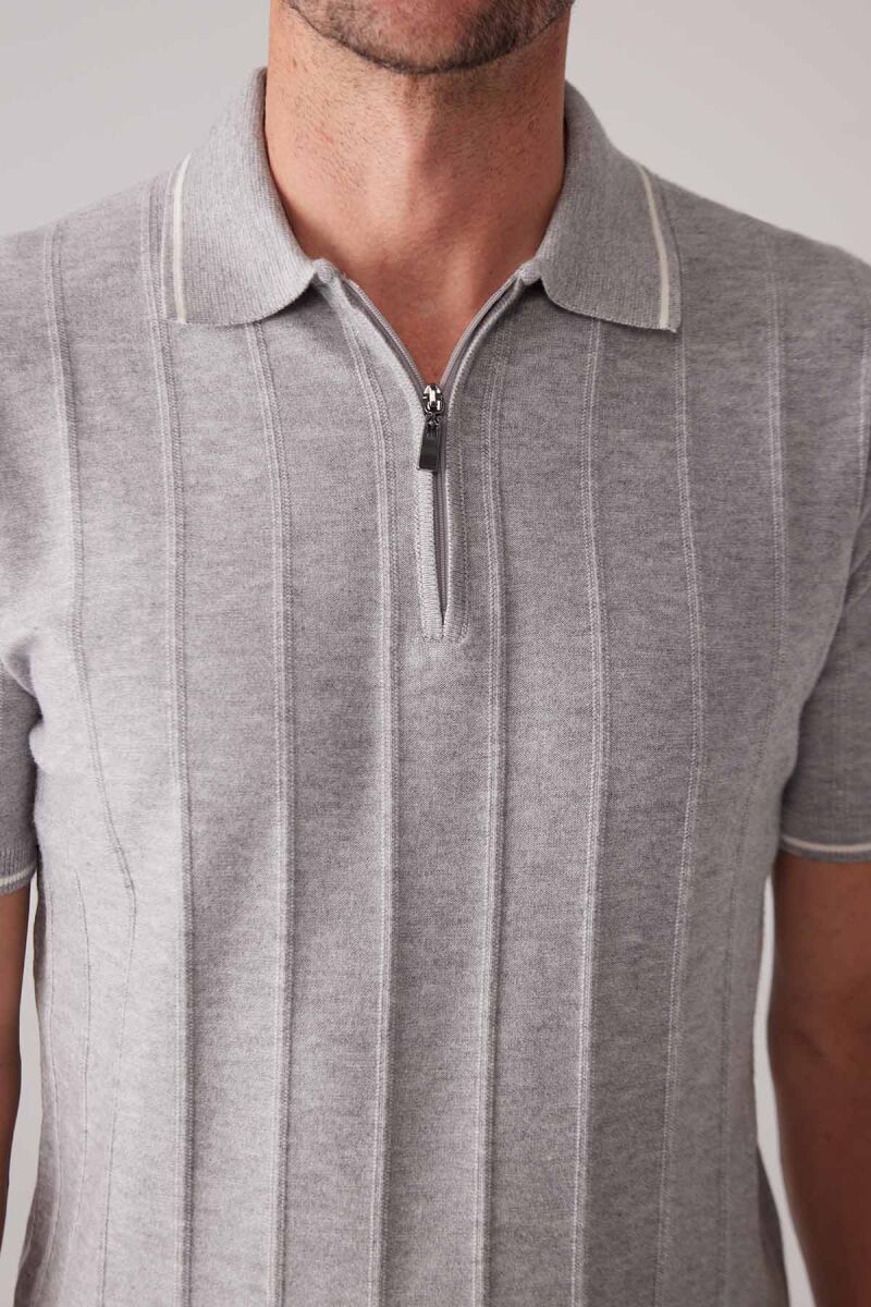 Erkek Açık Gri Slim Fit Kaşmir Karışımlı Fermuarlı Polo Yaka Tişört - 7
