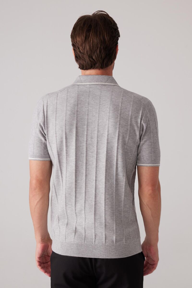 Erkek Açık Gri Slim Fit Kaşmir Karışımlı Fermuarlı Polo Yaka Tişört - 8