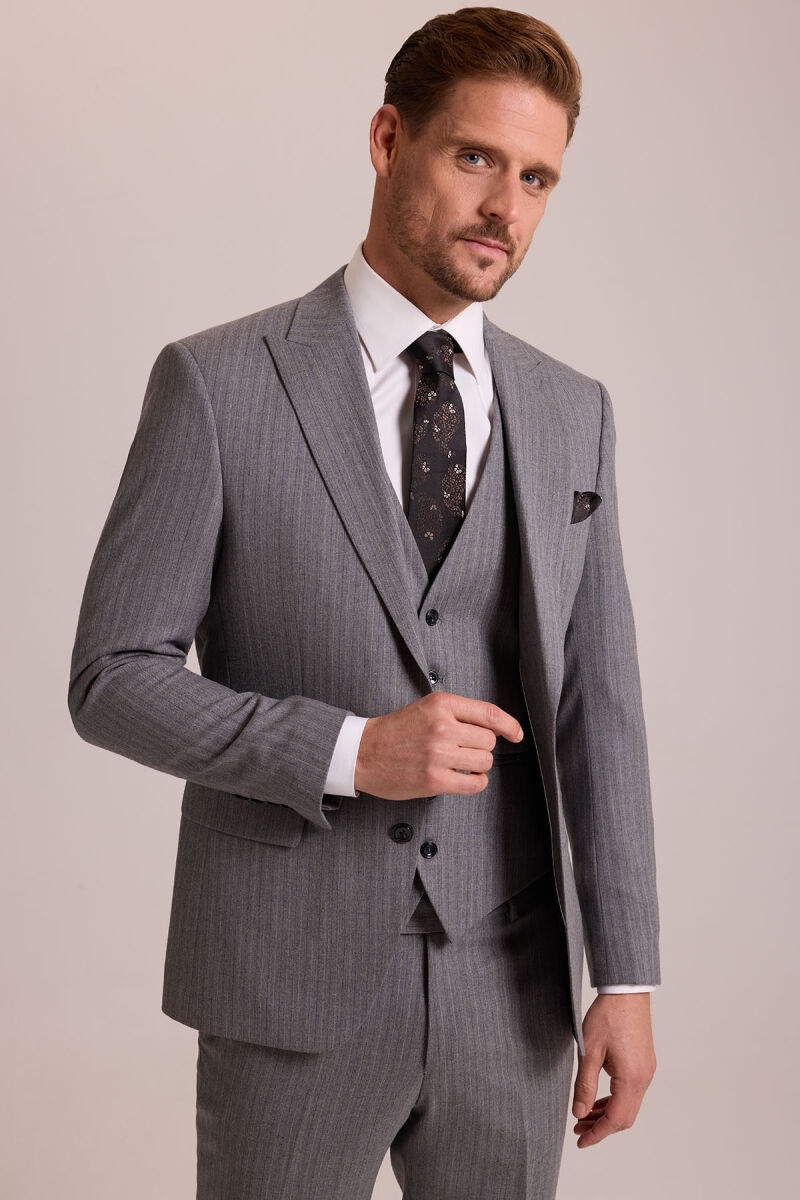 Erkek Açık Gri Slim Fit Sivri Yaka Yelekli Yün Takım Elbise - 2