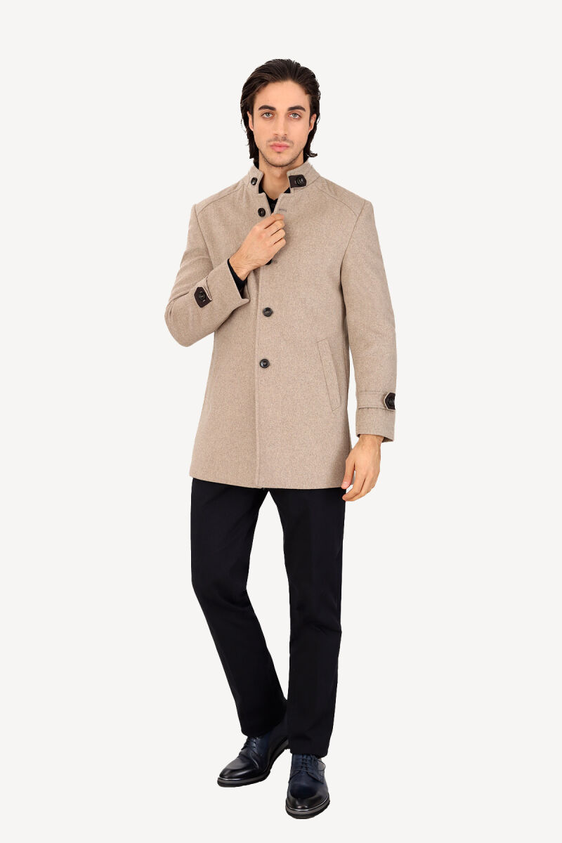 Erkek Açık Kahverengi Dik Yaka Regular Fit Palto - 1