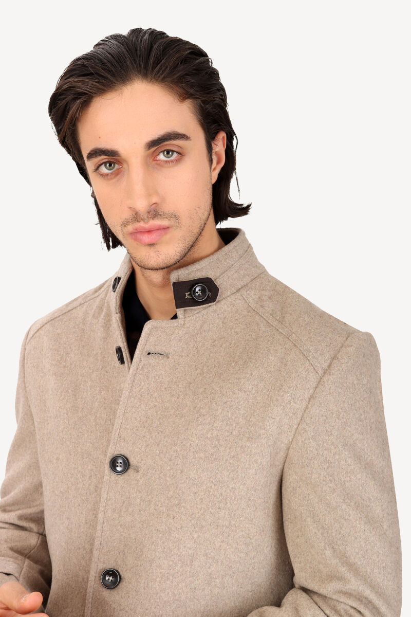 Erkek Açık Kahverengi Dik Yaka Regular Fit Palto - 3
