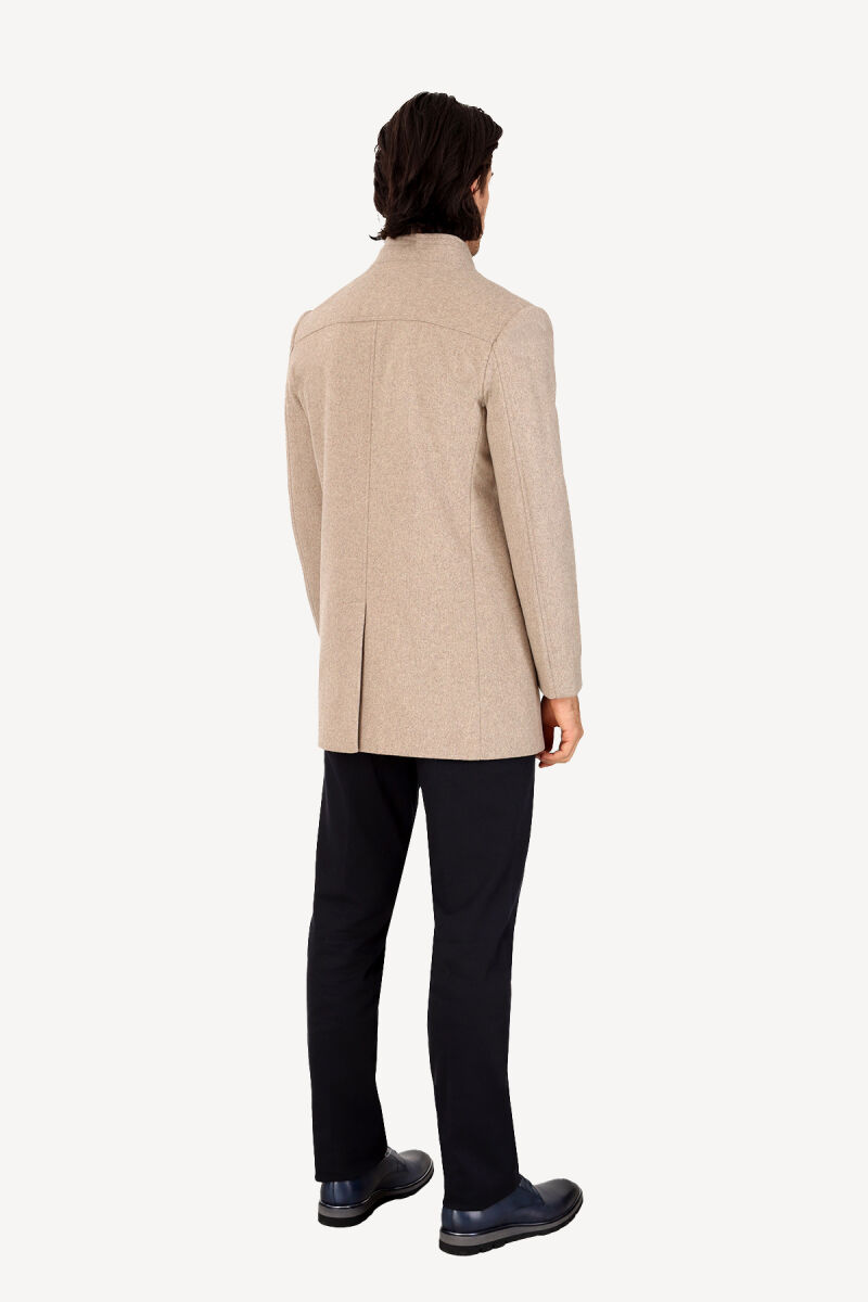 Erkek Açık Kahverengi Dik Yaka Regular Fit Palto - 5