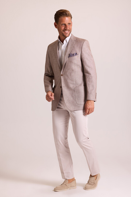 Erkek Açık Kahverengi Slim Fit Desenli Spor Keten Ceket