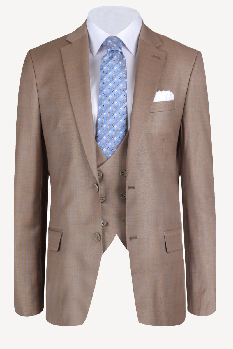 Erkek Açık Kahverengi Yelekli Kareli Regular Fit Takım Elbise - 2